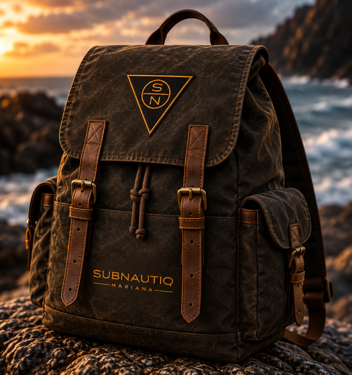 Subnautiq backpack positioned on a rocky coast.