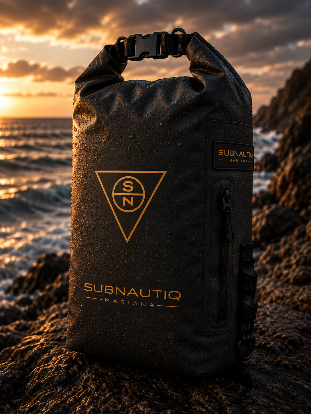 Subnautiq dry bag positioned on a rocky coast.