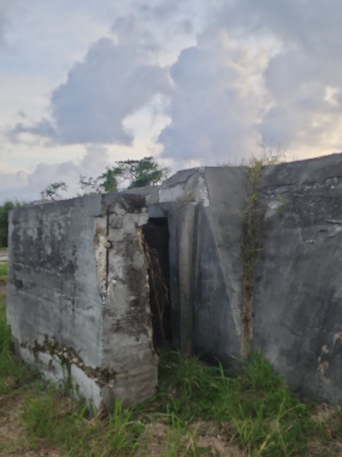 Weathered concrete walls around an opening, with vegetation and a cloudy sky.