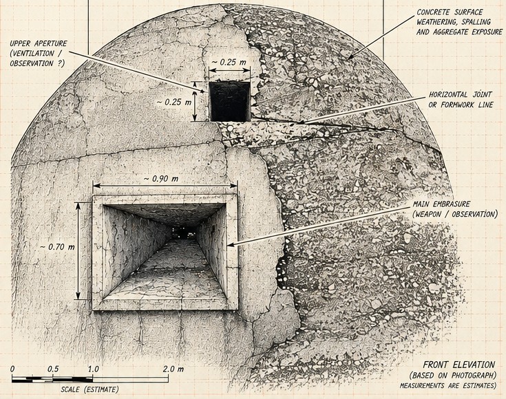 Illustrative elevation drawing of a rounded concrete structure with annotated openings.