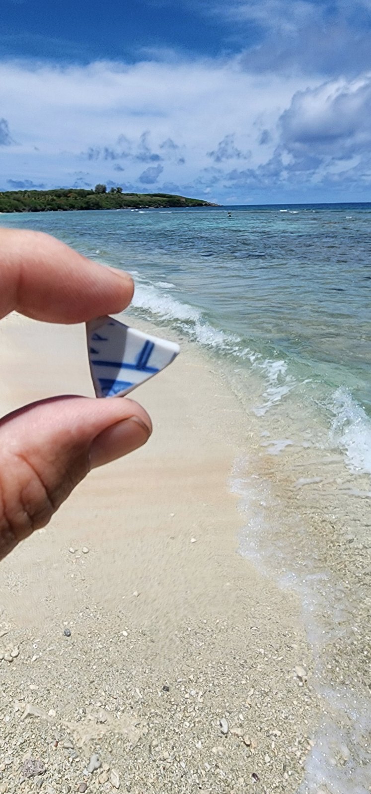 A hand holding a white fragment with blue decoration beside the sea.